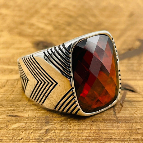 Men's Silver Ring with Red Zircon Stone - TryAladdin