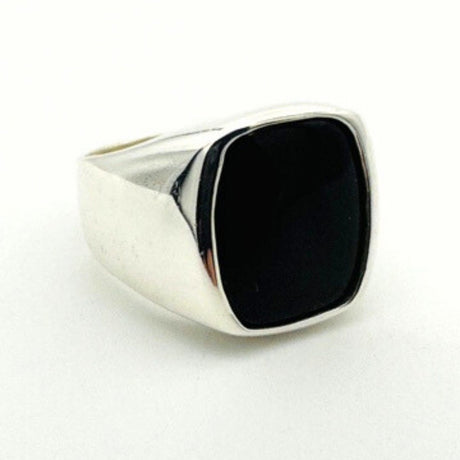 Men's Square Natural Black Onyx Silver Ring - TryAladdin