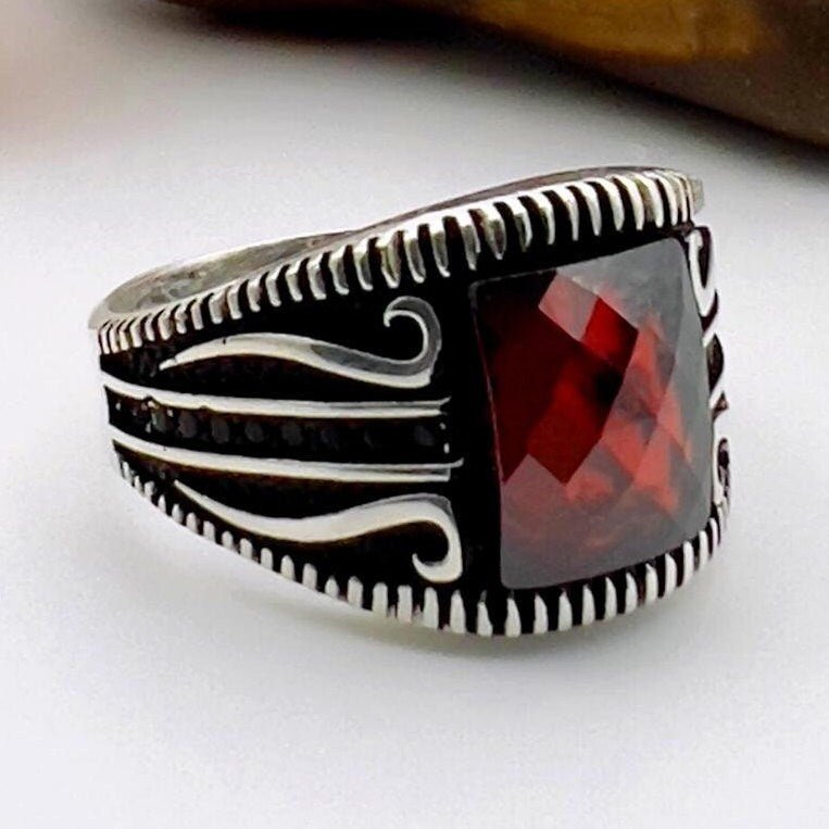 Men’s Square Red Zircon Ring - TryAladdin