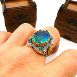 Men's Tourmaline Green / Blue Stone Silver Ring - TryAladdin