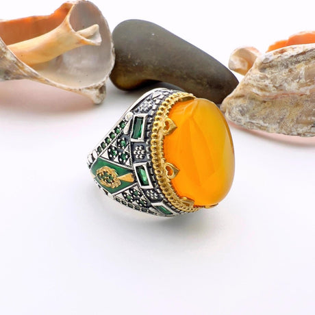 Men's Yellow Agate Stone Silver Ring - TryAladdin