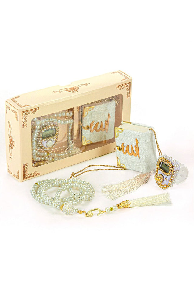 Mini Velvet Quarn, Crystal Stone Prayer Bead and Stone Designed Dhikrmatic Gift Set. - White - TryAladdin