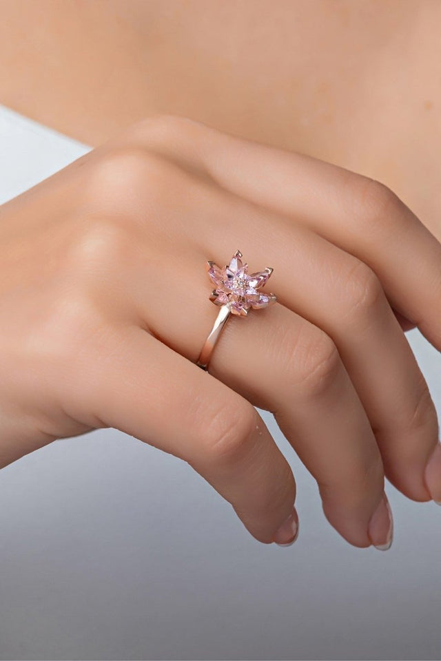 Nereze | Pink Stone Lotus Flower Adjustable Size Ring - TryAladdin