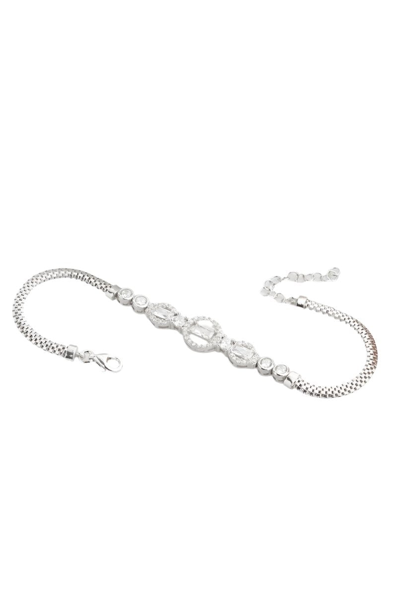 Nereze | Rhodium Plated Herringbone Chain Bracelet with Inline Baguette Stones - TryAladdin