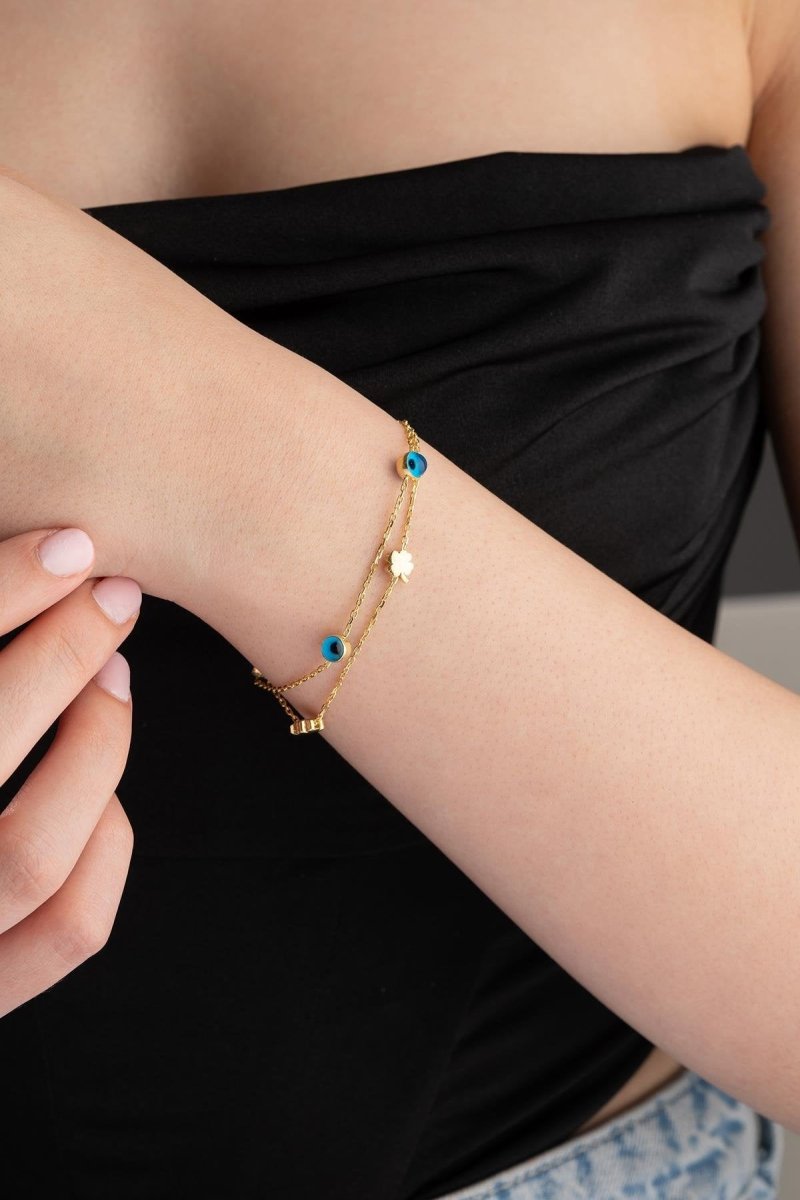 Nereze | Double Chain Gold Plated Clover Nazar Evil Eye Bracelet - TryAladdin