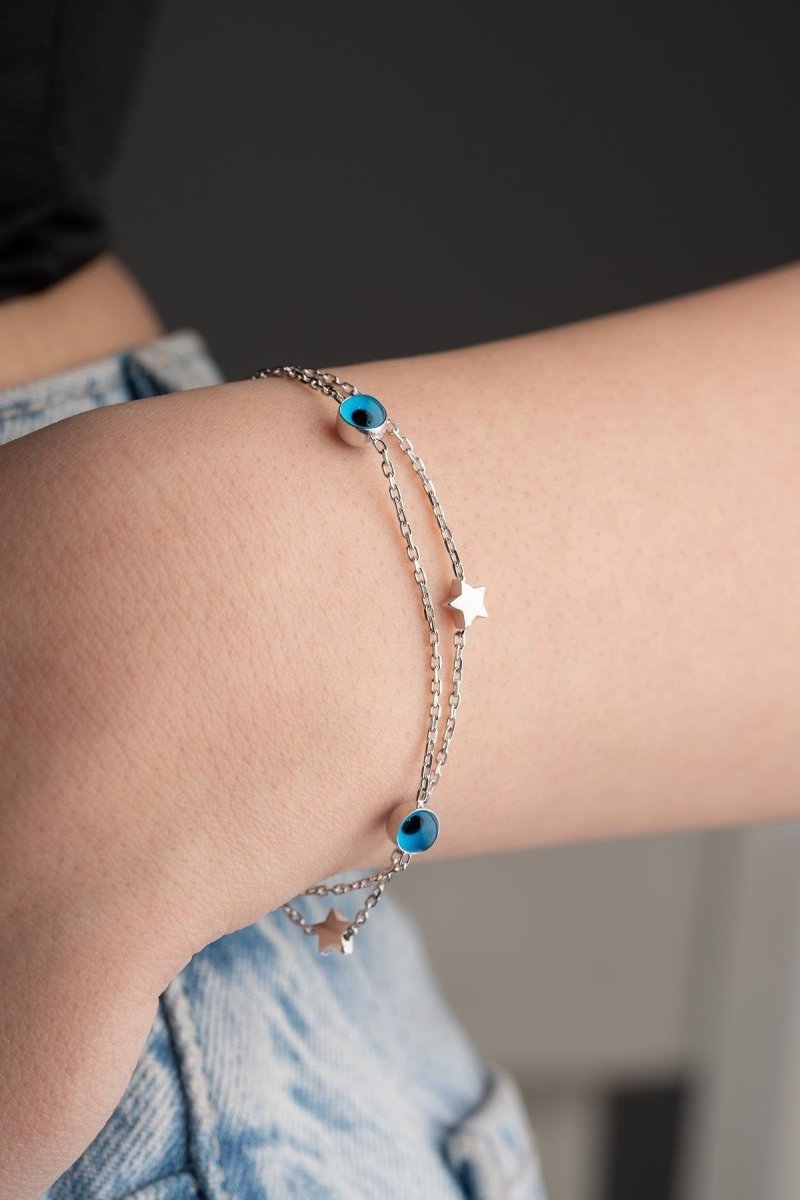 Nereze | Double Chain Rhodium Plated Star Nazar Evil Eye Bracelet - TryAladdin