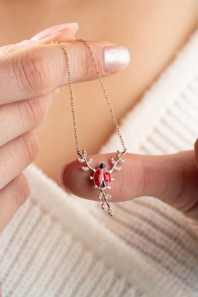 Nereze | Ladybug Necklace with Red Enamel on a Branch - TryAladdin