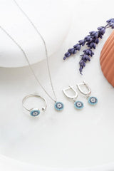 Nereze | Tiny Nazar Evil Eye Model Earrings Ring, Necklace and Adjustable Size Ring Set - TryAladdin