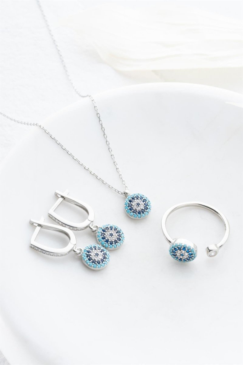 Nereze | Tiny Nazar Evil Eye Model Earrings Ring, Necklace and Adjustable Size Ring Set - TryAladdin