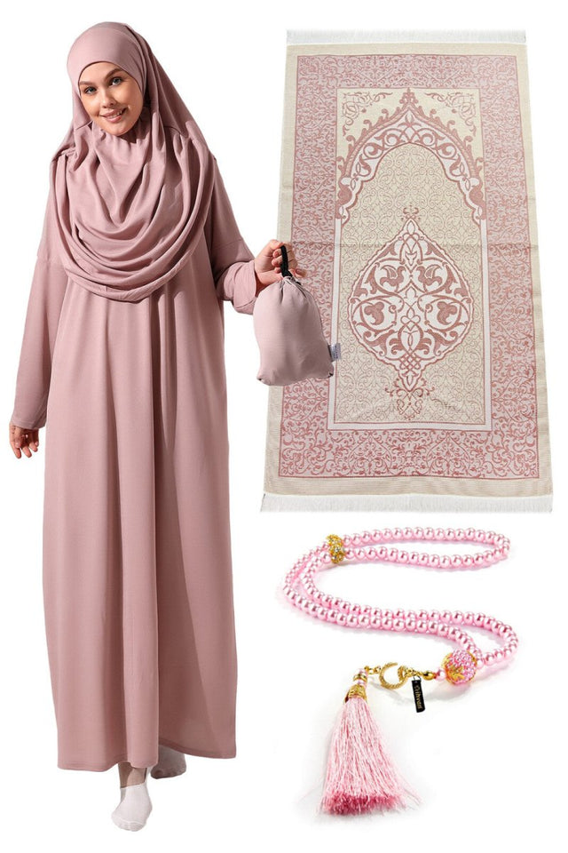 One Piece Prayer Dress - Prayer Mat - Prayer Beads - Prayer Set Rose Pink Color - TryAladdin