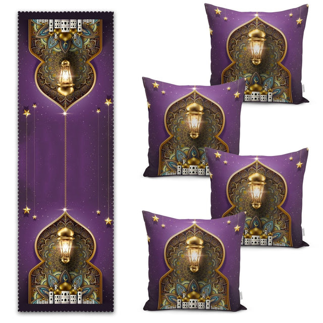 Purple Background with Islamic Patterns Ramadan - Themed Runner and Cushion Pillow Cover Set - TryAladdin