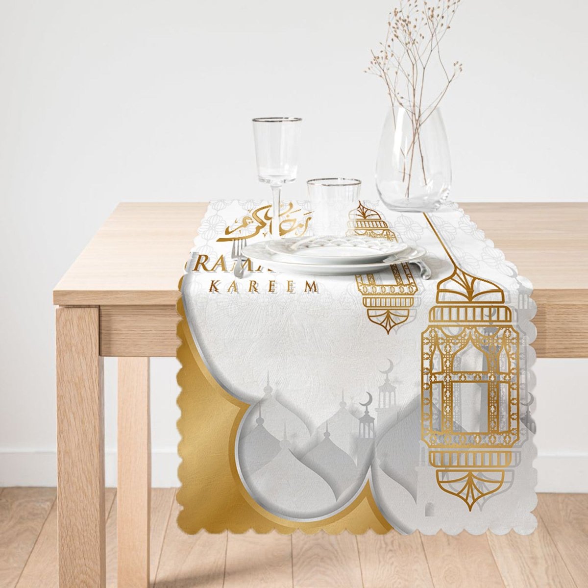 Ramadan Kareem Arabic Lantern Digital Printed Runner and Cushion Pillow Cover Set - TryAladdin