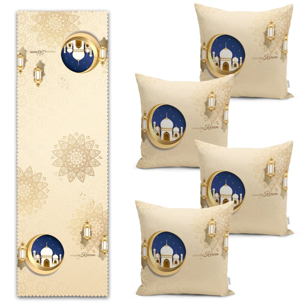 Ramadan Lantern and Crescent Motif Digital Printed Runner and Cushion Pillow Cover Set - TryAladdin