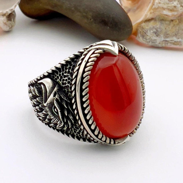 Red Oval Agate Stone Silver Men's Ring - TryAladdin