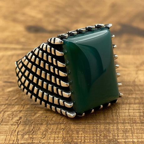 Sterling Silver 925 Handmade Green Agate Men's Ring - TryAladdin