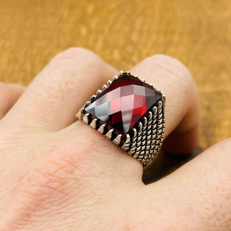 Sterling Silver 925 Handmade Red Zircon Men's Ring - TryAladdin