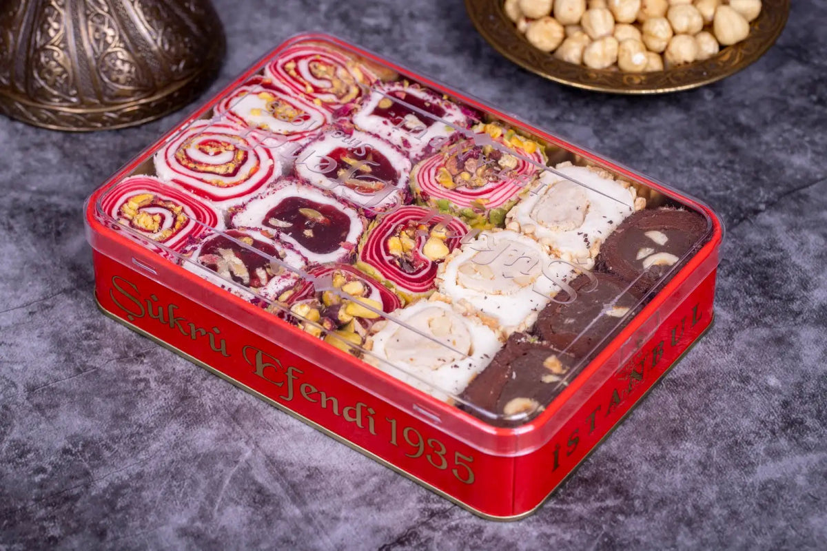 Sukru Efendi 1935 | Mix Turkish Delight Wraps with Pistachio and Hazelnut in Gift Metal Box - TryAladdin