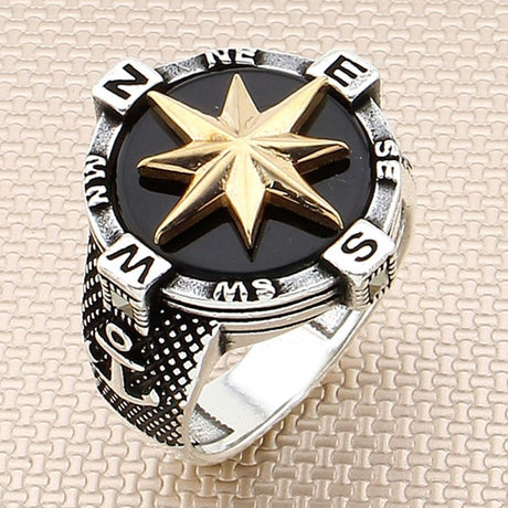 Taki | Silver Compass Ring with Black Onyx Stone - TryAladdin