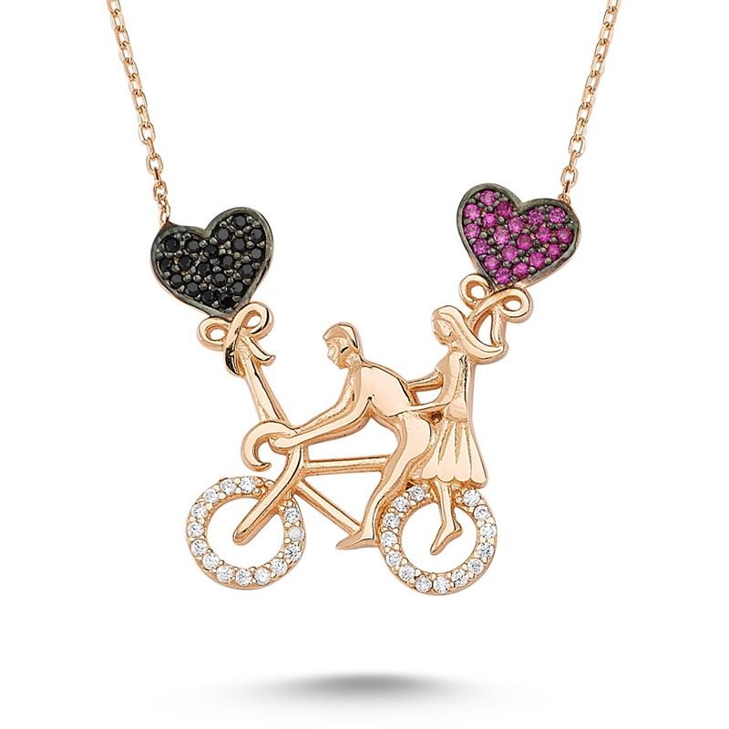 Taki | Couple Riding a Bike Silver Necklace with Heart - TryAladdin