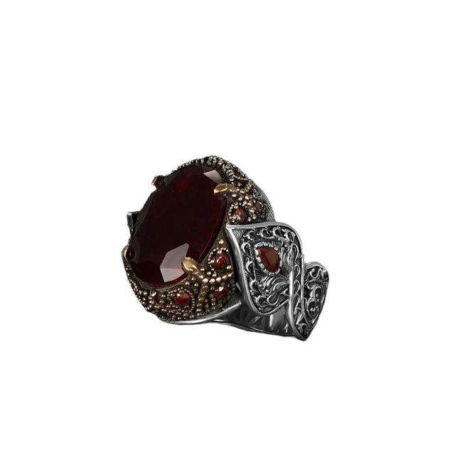 Tesbihevim | Men's Silver Ring with Red Zircon Stone - TryAladdin