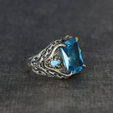 Tesbihevim | Silver Men's Ring with Chain Series Aqua Marin Stone - TryAladdin