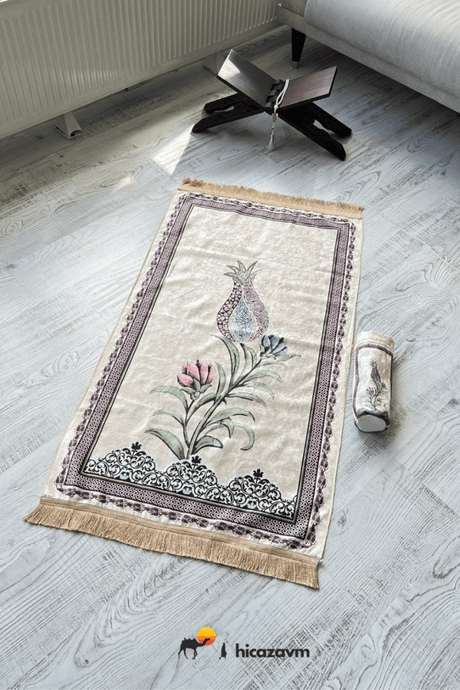 Tulip Motif Prayer Rug with Bag (Cream) - TryAladdin