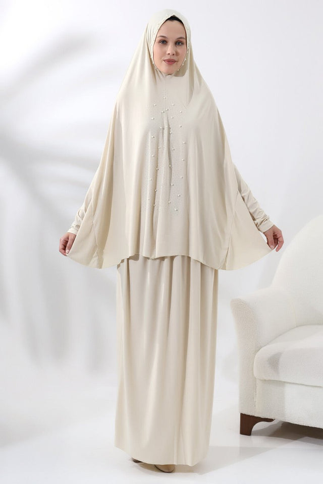 Two Piece Practical Prayer Dress with Pearls and Stones, Top and Bottom Cream - TryAladdin