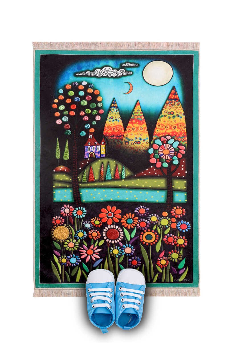 Bursa Ipek | Water Green Moonlight Flowers Children's Prayer Rug and Play Mat - TryAladdin