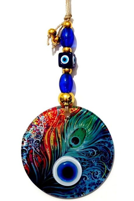 Fusion Glass Peacock Feather Patterned Nazar Beaded Handmade Wall Ornament - TryAladdin