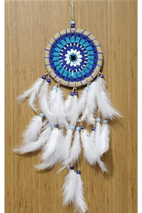 Nazar Bead Patterned Dream Catcher Handmade Bird Feather Dream Catcher Wall Ornament - TryAladdin