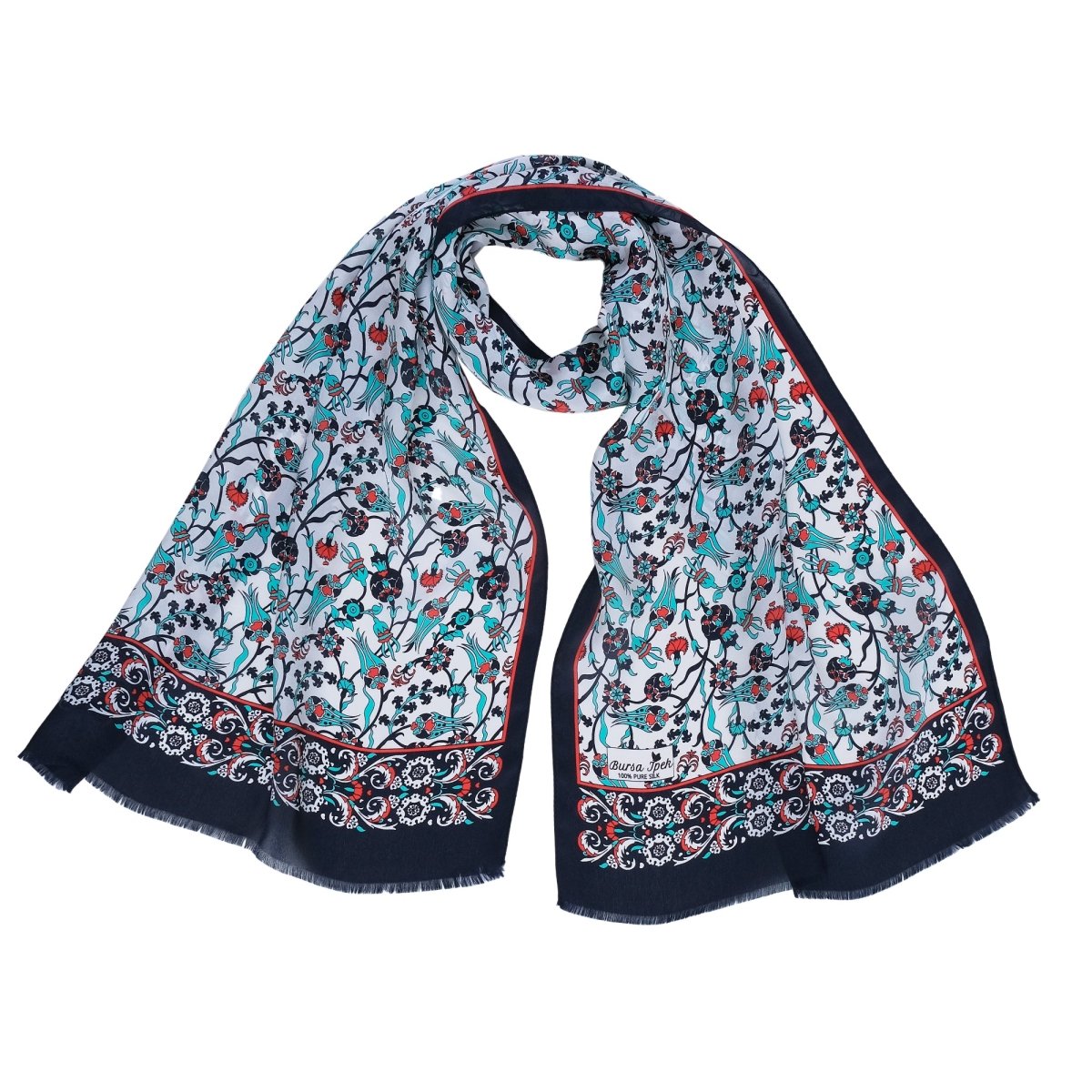 Sira Lale Elegant Silk Scarf in Black & Turquoise - TryAladdin